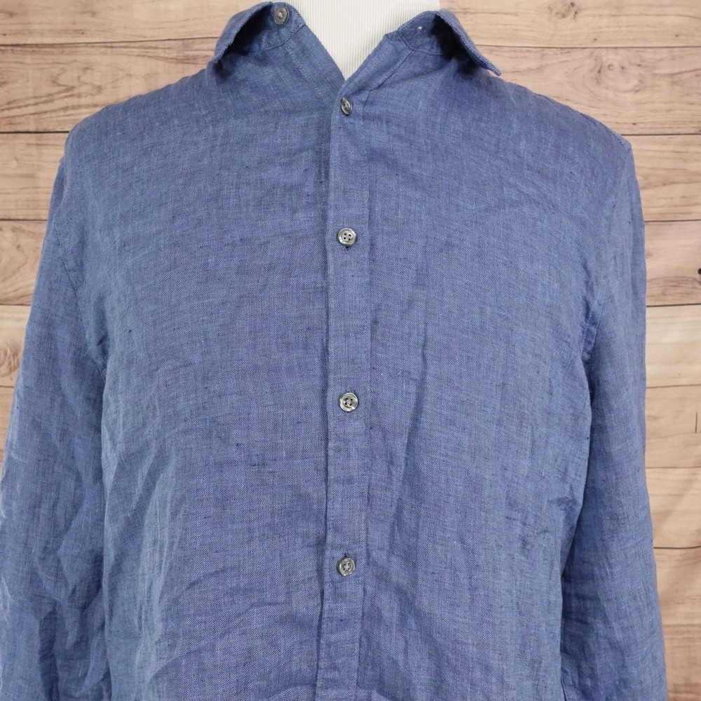Perry Ellis Shirt Mens XL Blue Solid Long Sleeve Button-Up Linen Casual